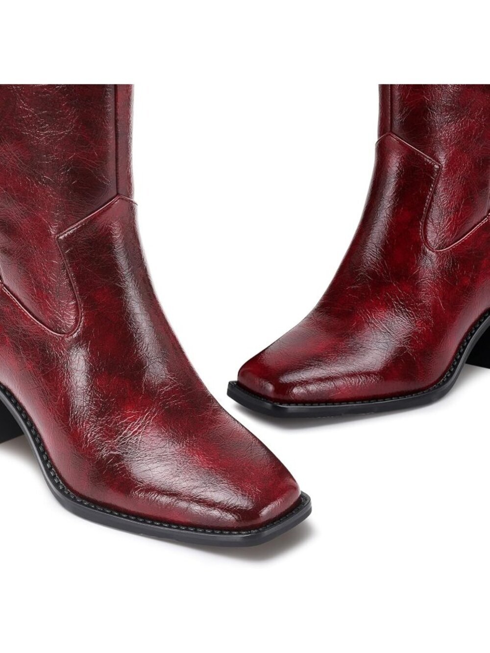 Women's Red Knee High Boot Squared Toe Chunky Block Heel Comfortable Tall Boot - Picture 4 of 6